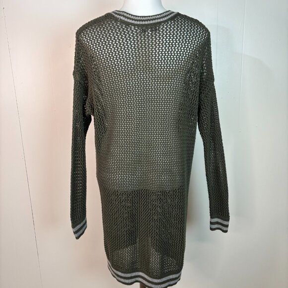 American Eagle Cardigan Medium Green Longline Varsity Open-Knit Sweater Cotton - Picture 5 of 8